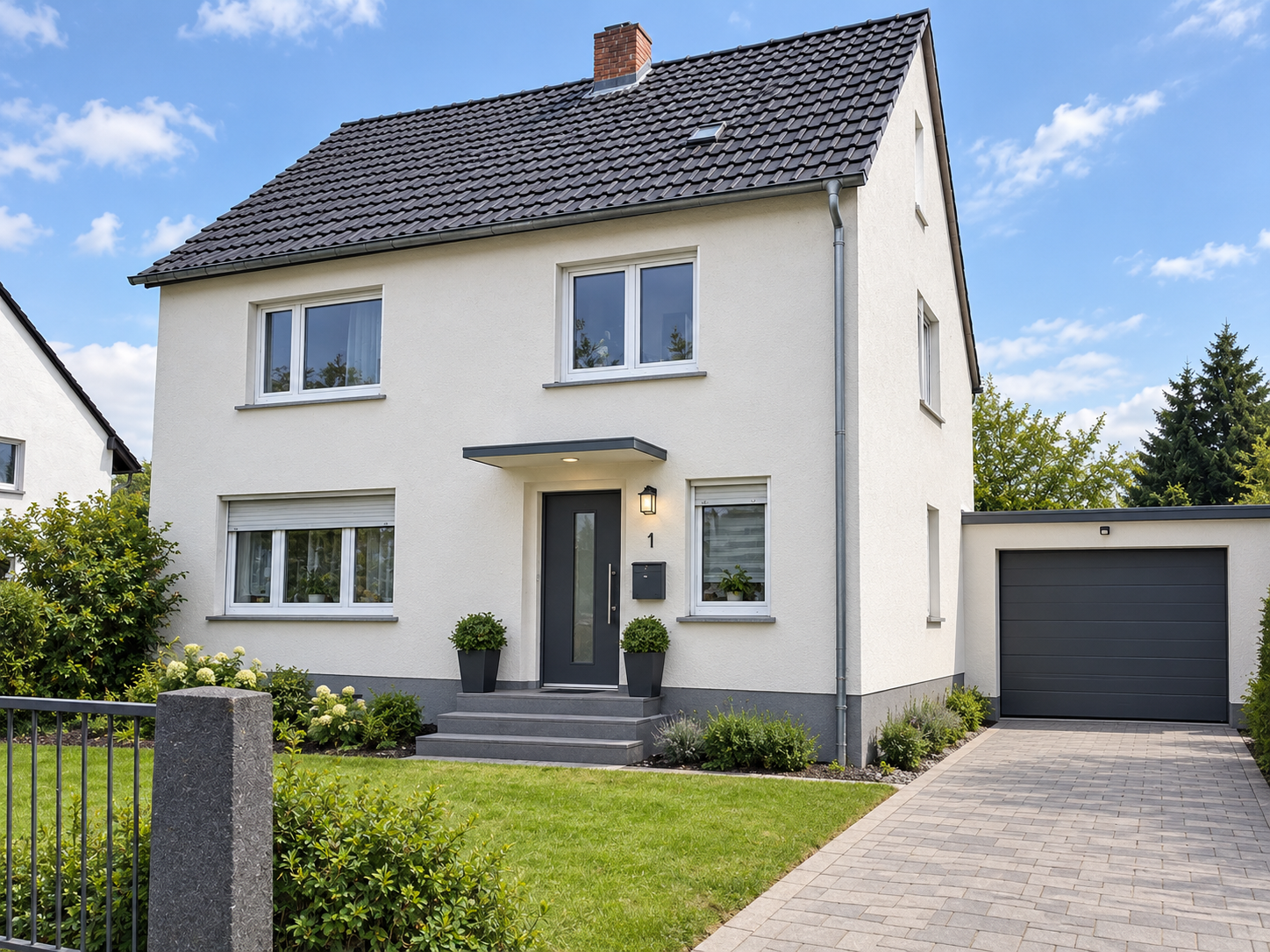 Nachher: saniertes Wohnhaus mit weißer Fassade